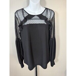CeCe Womens Blouse Long Sleeve Sheer Front Puff Sleeve  Cuff Black Size M